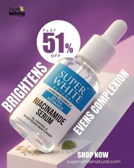 Super White Natural Niacinamide serum bottle with dropper for oil control and brightening on a purple background
