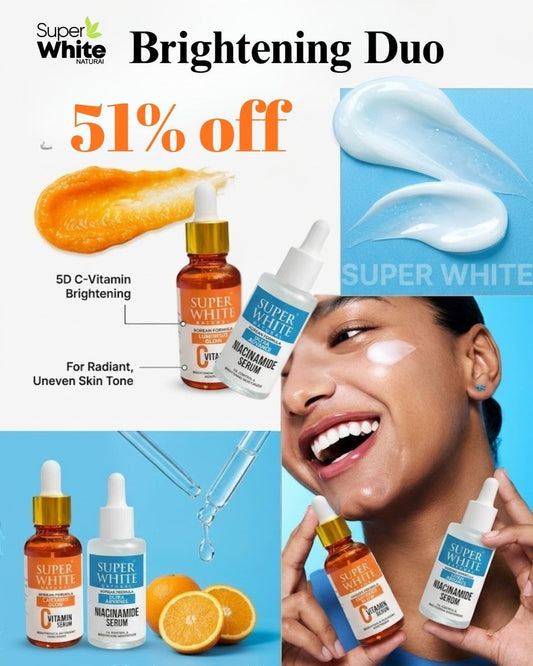 Super White Natural Vitamin C and Niacinamide serum bundle for brightening and oil control on a smiling woman