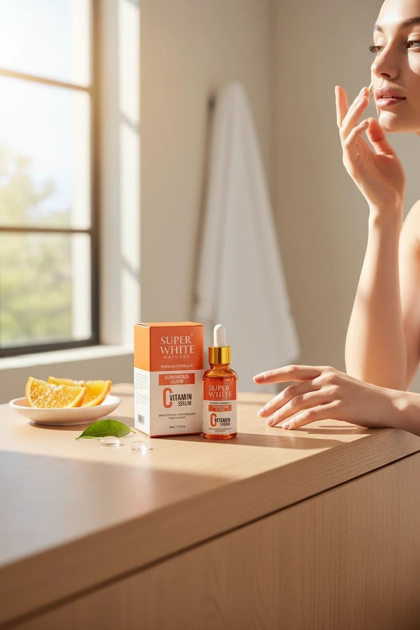 Super White Natural Vitamin C serum bottle and box on a wooden table with orange slices, beside a woman's profile.