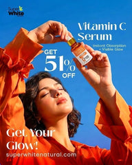 Super White Natural Vitamin C serum held by a woman in an orange top against a bright blue sky for glowing skin
